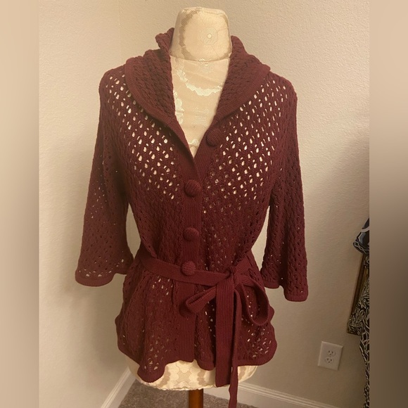 Lane Bryant Burgundy Size 14/16 Crochet Knit Button Down sweater Belted - Picture 1 of 9